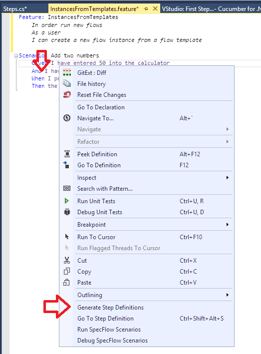 generate step definitions screenshot